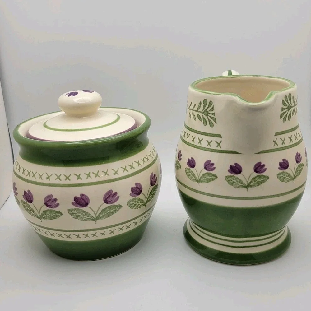 Pfaltzgraff Cottage Circle of Kindness Purple Tulip Sugar and Creamer Set